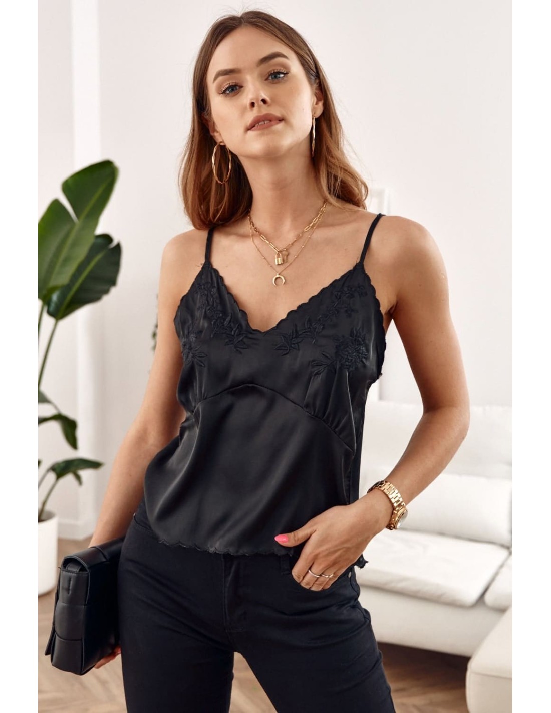 Lingerie top with embroidered neckline, black 6978 - Online store - Boutique